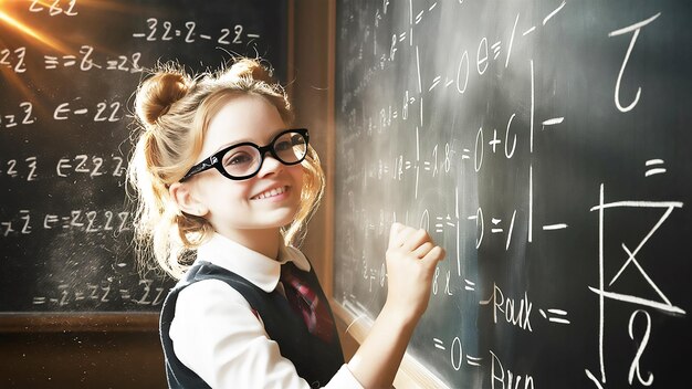 a girl is writing on a blackboard with the letters z e e g on it