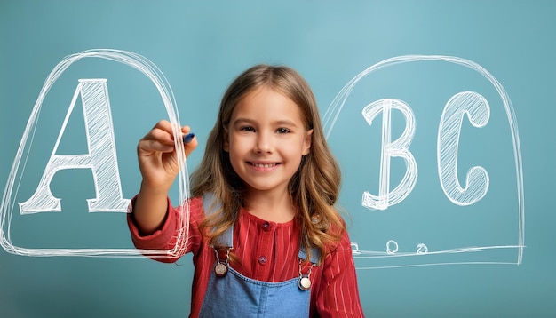 a girl is writing on a chalkboard with the word b in the middle