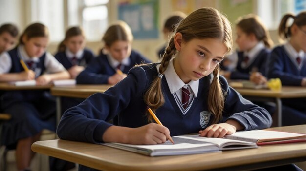 a girl is writing in a classroom with other students lesson school class