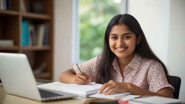 a girl is writing in a notebook and smiling at the camera