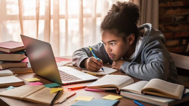 a girl is writing on a notebook with a pen in her hand