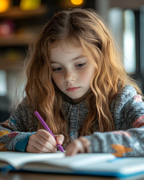 Photo a girl is writing in a notebook with a pen in her hand