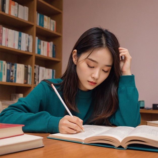 a girl is writing in a notebook with a pen in her hand