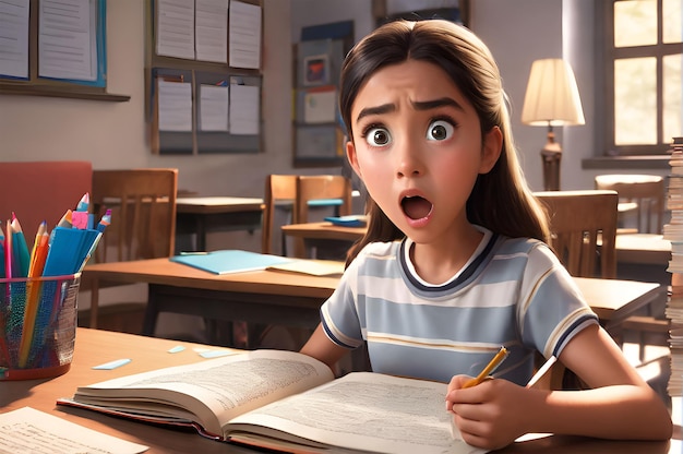 a girl is writing in a notebook with a surprised expression on her face