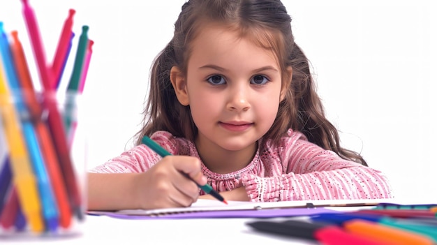 Photo a girl is writing with a pen and a pencil