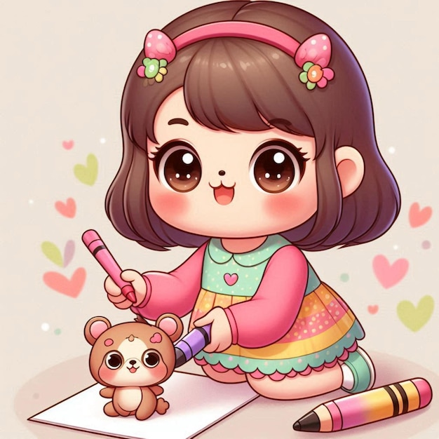 a girl is writing with a pencil and a teddy bear