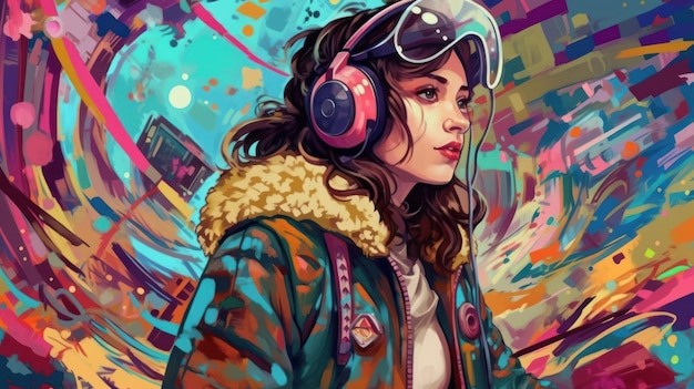 A girl in a jacket with a hood and headphones