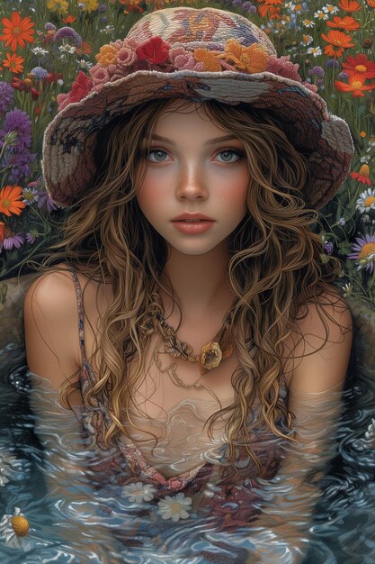 Girl in a jacuzzi in a flower garden