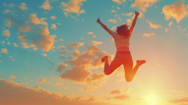 a girl jumping in the air with her arms up in the air