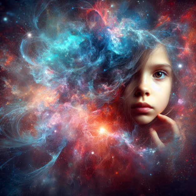 girl kid double exposure with a colorful digital paint splash or space nebula ai generative