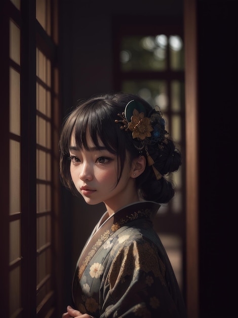 A girl in a kimono stands in a doorway.