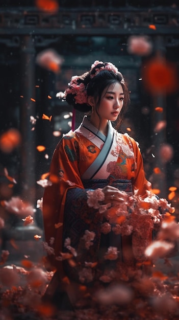 A girl in a kimono stands in a flowery garden