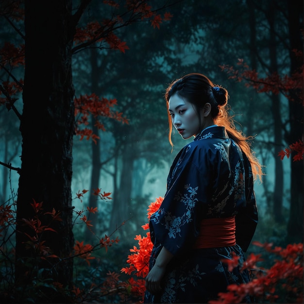 a girl in a kimono stands in a forest with red flowers