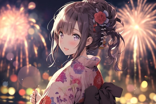 A Girl In A Kimono Stands In Front Of Fireworks