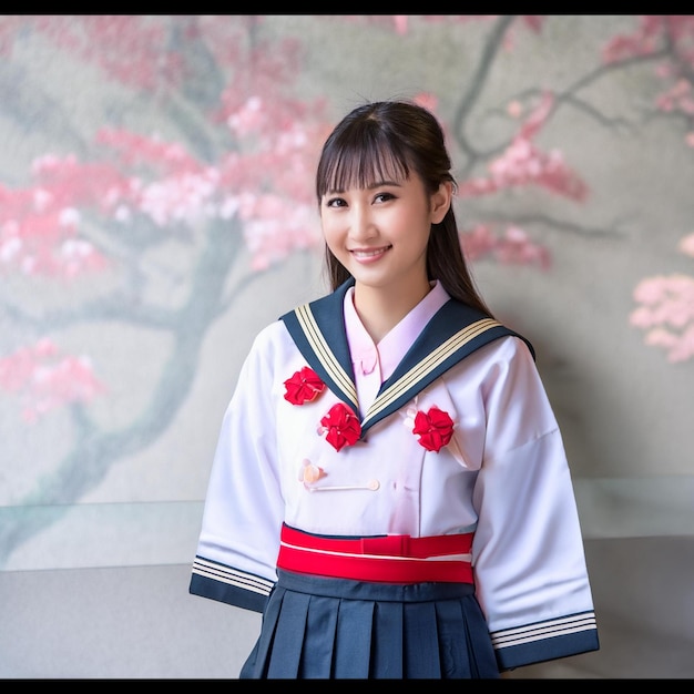 a girl in a kimono stands in front of a painting of a cherry blossom tree