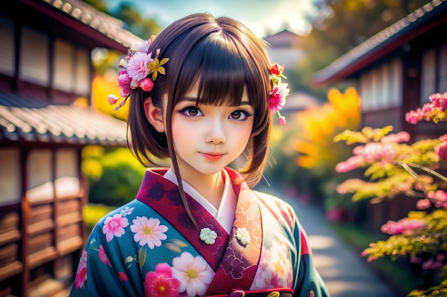 a girl in a kimono with flowers on her hair