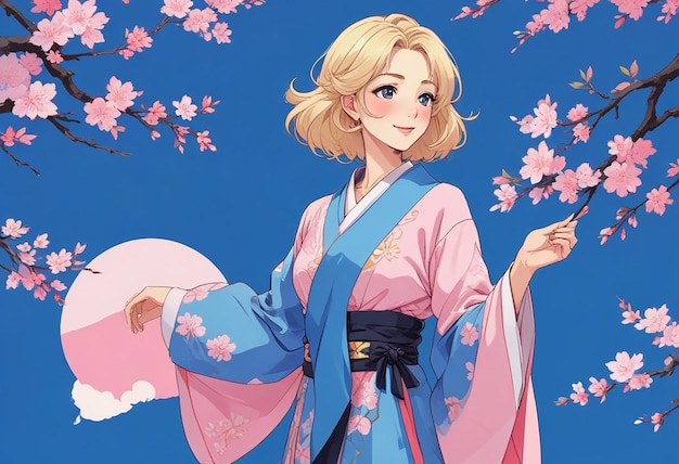 a girl in a kimono with flowers on her hair