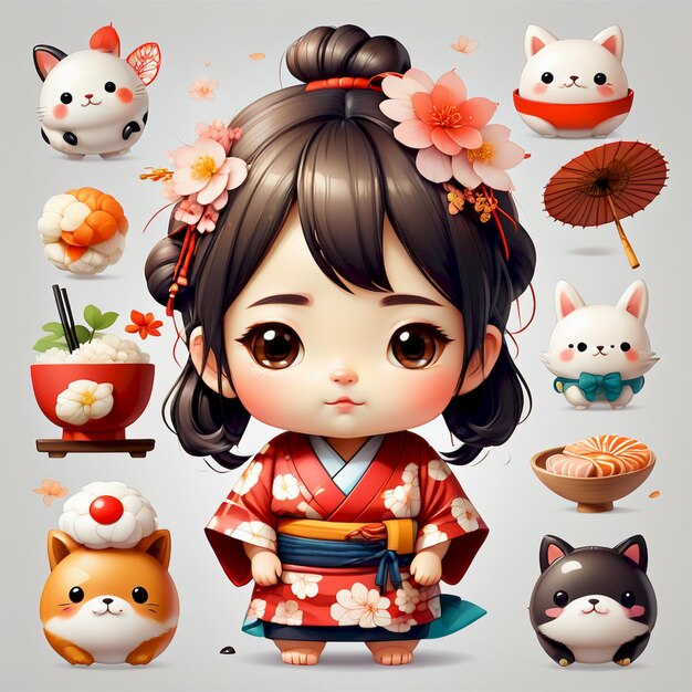 a girl in a kimono with a japanese cat and a bowl of food