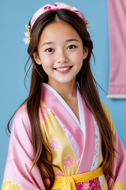 Photo a girl in a kimono with a pink sash and a flower on her hair