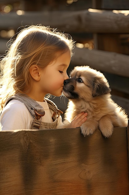 a girl kisses her puppy near a wooden fence