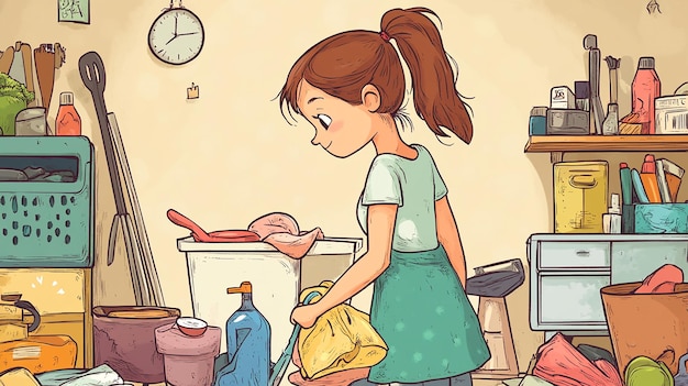 a girl in a kitchen with a bag of food