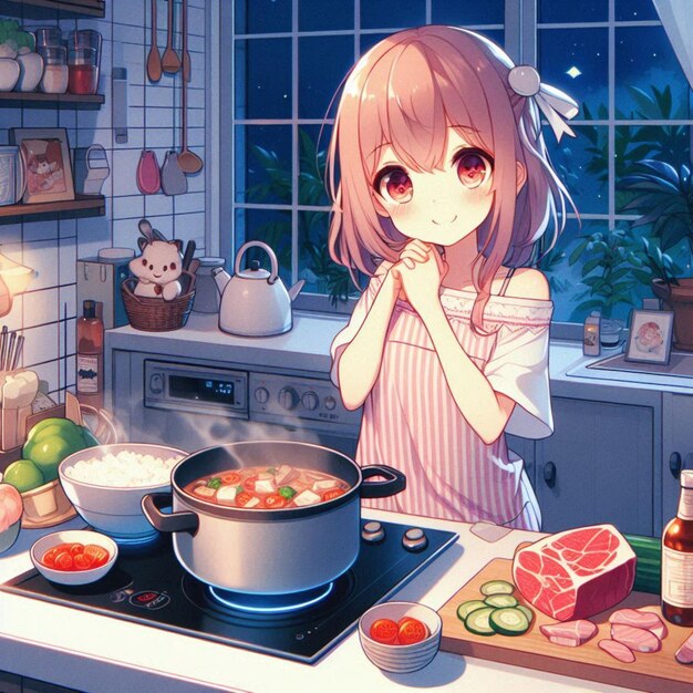 a girl in a kitchen with a pot of food on the stove