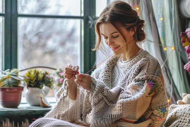 A girl knits a sweater photo in a homely atmosphere