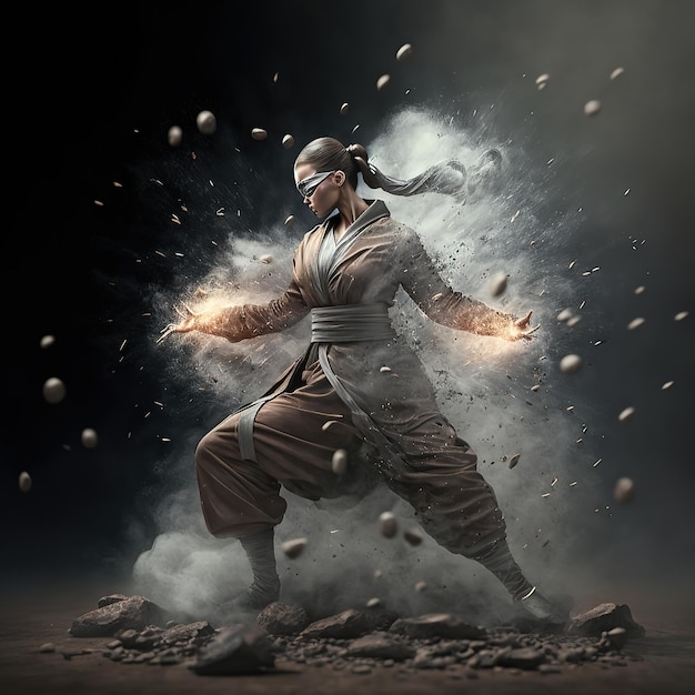 Girl kung fu master wielding the power of the elements of the earth 3D illustration