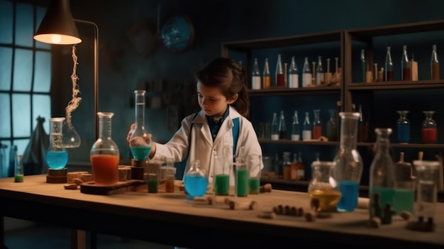 A girl in a lab coat is working in a lab with a bottle of liquid.