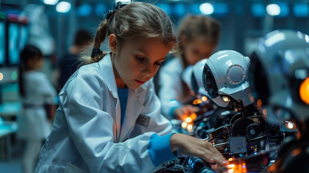 a girl in a lab coat is working on a robot made by a robot