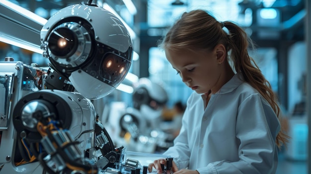 a girl in a lab coat looks at a robot