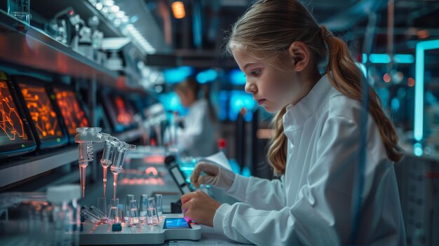 a girl in a lab with a lot of tubes and a lab coat