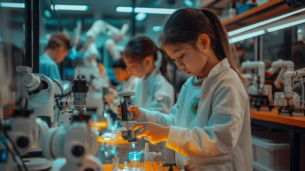 a girl in a lab with a machine that says  girls  on it