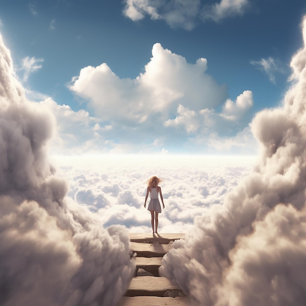 a girl on a ladder leading to the clouds