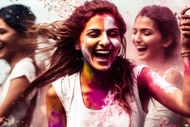 A girl laughing in the street with a colorful holi festival in the background