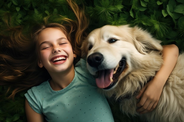 Girl laughing with dog on grass Female outside Generate Ai