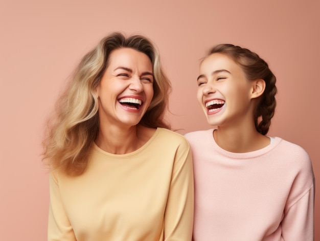 Girl laughing with her Mother on Mother's day wearing tshirt on pink background