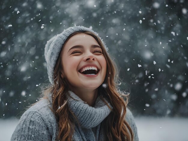 Photo a girl laughing with snowflakes gently falling on her cheeks in a winter wonderland