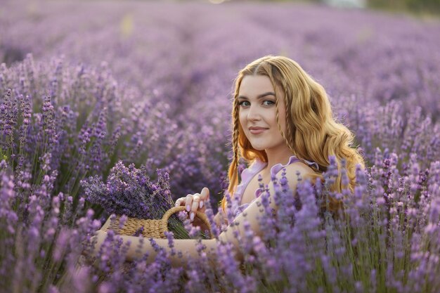 Girl in a lavender field Woman in a field of lavender flowers at sunset in a white dress France Provence