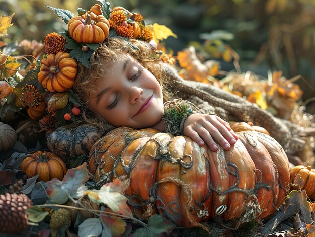 Photo a girl laying in a pile of fruit and a tree branch