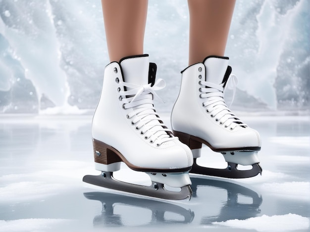 Girl legs in white leather skates on ice background Winter sport and entertainment