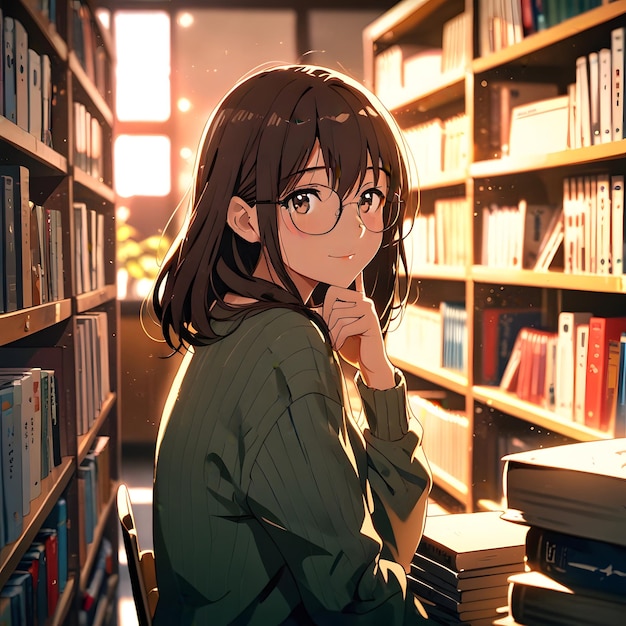 a girl in a library with a book called anime