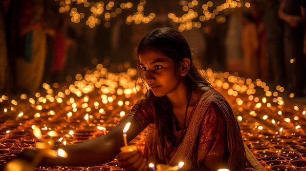 A girl lights candles in a crowd of people.