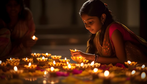 A girl lights diwali at night with a candle in her hand.