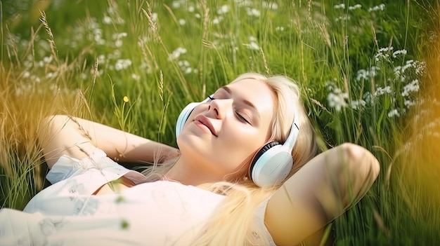 Girl listen to music in the field Illustration AI GenerativexA