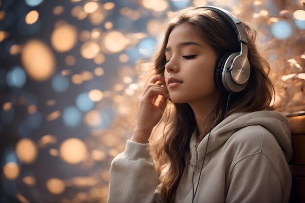 A girl listening to music beside a tranquil lake