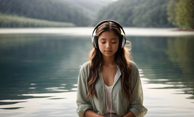 A girl listening to music beside a tranquil lake