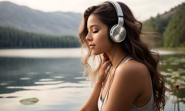 A girl listening to music beside a tranquil lake