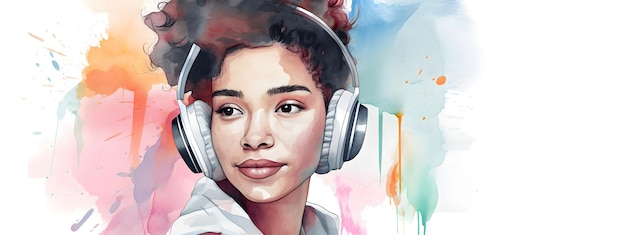 Girl listening music in large wireless headphones