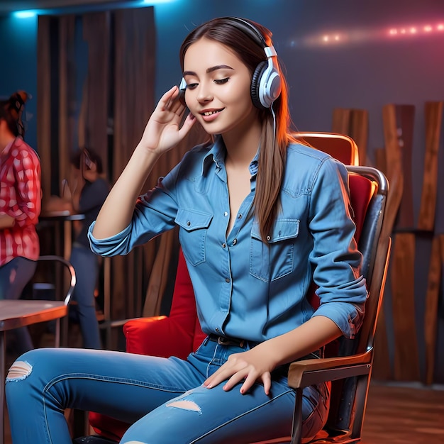 A girl listening a music with headphone in a comfortable environment